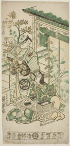 Herci Ichimura Uzaemon VIII jako Oguri Hangan a Segawa Kikunojo I jako Terute no Mae ve hře „Mangetsu Oguri Yakata“, hráli v divadle Ichimura v osmém měsíci, 1747