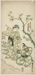 Herci Ichimura Uzaemon VIII jako Taira no Koremochi a Arashi Koroku jako Makomo no Mae ve hře „Shusse Momijigari“, hráli v divadle Ichimura v jedenáctém měsíci, 1747