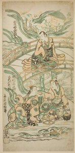 Herci Matsumoto Koshiro II jako Kumasaka Chohan, Ichimura Kamezo I jako Ise no Saburo a Sanogawa Ichimatsu I jako Ushiwakamaru ve hře „Hatsu Tora Kurama Genji“, hráli v divadle Ichimura v prvním měsíci roku 1749 od Torii Kiyonobu II
