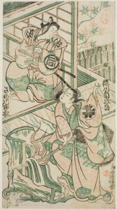 Herci Sanogawa Ichimatsu I jako Ike no Shoji a Segawa Kikujiro I jako Hitachi Kohagi ve hře „Mangetsu Oguri Yakata“, hráli v divadle Ichimura v osmém měsíci roku 1747