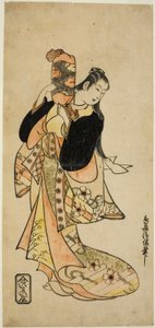 Herec Ichikawa Monnosuke I jako Oiso no Tora ve hře „Nigiwai Suehiro Soga“, vystupující v divadle Morita v prvním měsíci roku 1721 (?) od Torii Kiyonobu I