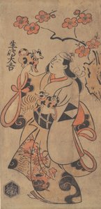 Herec Ikushima Daikichi jako žena stojící pod stromem Ume, ca. 1705.