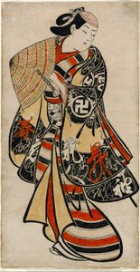 Herec Takii Hannosuke jako zženštilý mladík, asi 1707 (ručně kolorovaný dřevoryt; tan-e, vertikální o-oban) od Torii Kiyonobu I