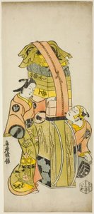 Herci Ichikawa Danjuro II jako Kamada Matahachi a Ichikawa Monnosuke I jako Hisamatsu ve hře „Osome Hisamatsu Shinju Tamoto no Shirashibori“, uvedené v divadle Morita, 1720