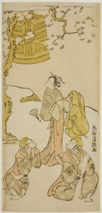 Herci Segawa Kikunojo II, Ichikawa Komazo II a Arashi Otohachi I ve hře „Fude Hajime Soga no Tamazusa“, hráli v divadle Nakamura v prvním měsíci roku 1768