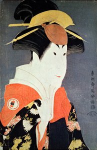 Hlava a ramena herce kabuki Segawa Tomisaburo II jako Yadorigi, manželka Ogishi Kurando, vydané v roce 1794 (barevný dřevořez) od Toshusai Sharaku
