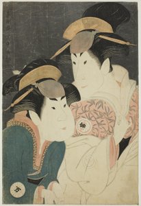 Herci Segawa Tomisaburo II (R) jako Yadorigi, manželka Ogishi Kuranda, a Nakamura Manyo (L) jako sluha Wakakusa od Toshusai Sharaku