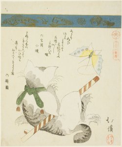 Kočka si hraje s motýlem, ze série "Třicet šest obrázků ptáků (Sanjuroku kinzoku)" od Totoya Hokkei