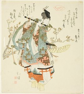 Minamoto no Yoshitsune (Ushiwaka Maru) hrající na flétnu