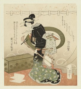 Žena s shamisen Pentaptych o obdivování květin (název série) Hanami gobantsuzuki (název série na objektu) od Totoya Hokkei