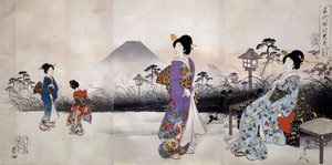 Japonské ženy kráčející před horou Fuji Japonský tisk Toyohara Chikanobu (1838-1912) 1896 Soukromá sbírka