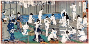 Scéna z lázeňského domu, tisk Toyohara Kunichika, 19. století