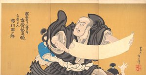 Ichikawa Danjūrō IX v roli mnicha Mongakua ze hry „Mongaku Kanjincho“ od Toyohara Kunichika