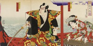 Ichikawa Danjūrō a Nakamura Fukusuke v rolích Katō Kiyomasy a Hinakinu od Toyohara Kunichika