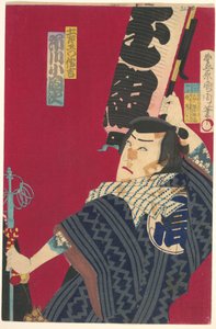 Ichikawa Sadanji jako Dozaemon Denkichi v divadelní hře kabuki od Toyohara Kunichika