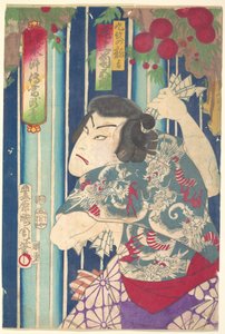 Imaginární portrét, jevištní Shuihuzhuan: Tōryūdai (Mitate Suikoden Tōrōdai) - herec Onoe Kikugorō jako Kumon no Ryūkichi od Toyohara Kunichika