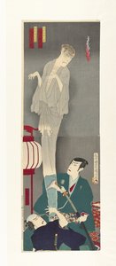 Nakama Gonbee a Kanbara Mikinosuke jsou duchové Sajiro od Toyohara Kunichika