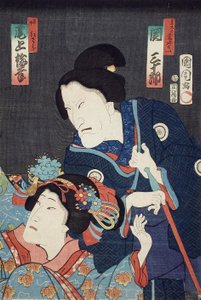 Onoe Baikō jako mladší sestra Benizara a Seki Sanjūrō jako matka Kataomoi ve hře Ichiban Norime Iki no Sashimono od Toyohara Kunichika