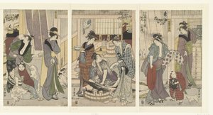 obchodník s rybami Čtvrtý měsíc, triptych Yongatsu, sanbukutsui (název na objektu) Dvanáct měsíců od Toyohiro a Toyokuni (název série) Toyohiro Toyokuni ryoga juniko (název série na objektu)