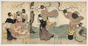 Japonské umění: Květiny ve větru (scéna se ženami a mužem visícím fáborky na větvích stromu) - tisk Utagawa Toyokuni (1769-1825) linoryt (37,8x75,9), cca 1797-1800 - Honolulu Academy of Arts