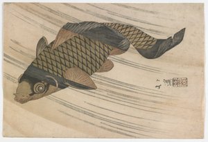 Carp Swimming Upstream, období Edo, polovina 20. let 19. století (barevný dřevotisk)