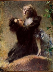 Ivy Ivy. Muž objímá ženu. Obraz Tranquilo Cremona (1837-1878) 1878 ne. 132,5x100 cm Turín, Občanská galerie moderního a současného umění