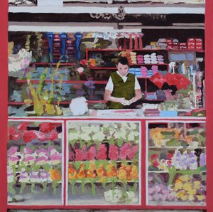Květinový stánek (Bogota, Kolumbie), 2016 (olej na desce) od Trevor Burgess
