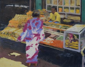 Tržní stánek (Bombaj), 2016 (olej na plátně) od Trevor Burgess