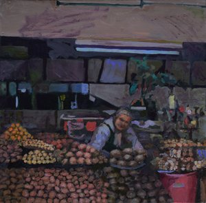 Stánek s bramborami (Quito, Ekvádor), 2015 (olej na desce) od Trevor Burgess