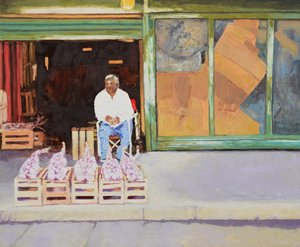 Prodej česneku (San Juan, Argentina), 2016 (olej na desce) od Trevor Burgess