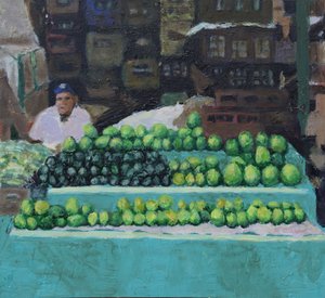 Prodej manga a avokáda (Bogota, Kolumbie), 2016 (olej na desce) od Trevor Burgess