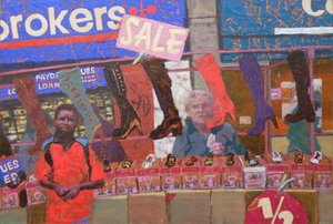 Stánek s obuví (Deptford, Londýn), 2013 (olej na desce) od Trevor Burgess