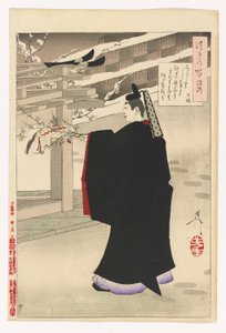 Fujiwara no Kinto trhá švestkové květy: # 47 ze Sto aspektů Měsíce od Tsukioka Yoshitoshi