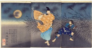 Fujiwara no Yasumasa hrající na flétnu za měsíčního svitu od Tsukioka Yoshitoshi