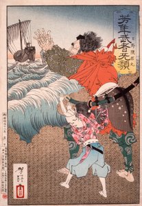 Hino Kumawakamaru und der Priester, der das Boot zurückruft od Tsukioka Yoshitoshi