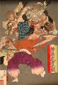 Hōjō Takatoki, pán ze Sagami, odhánějící tengu svým vějířem od Tsukioka Yoshitoshi