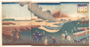 Manévry tří kategorií francouzských a anglických vojáků (Furansu Igirisu sanhei ōchōren no zu) od Tsukioka Yoshitoshi