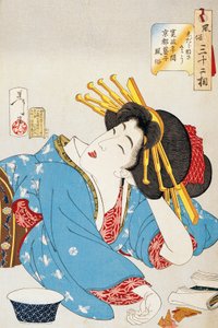 Okamžik relaxace, Tvář období Kansei Gejša z Kjóta, Ilustrace Tsukioka Yoshitoshi (1839-1892) z roku Třicet dva aspektů zvyků a mravů, Oban-tate-e dřevoryt, 37,5 x 26 cm, japonská civilizace od Tsukioka Yoshitoshi