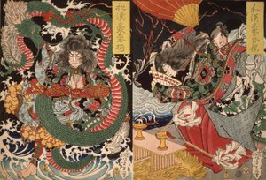 Tawaraya Tda and a Dragon a Ono no Komachi Praying for Rain ze série Valor in China and Japan, 1868 (barevný dřevotisk) od Tsukioka Yoshitoshi
