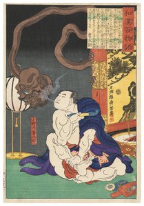 Zápasník Onogawa Kisaburō vyfukující kouř na jednooké monstrum od Tsukioka Yoshitoshi