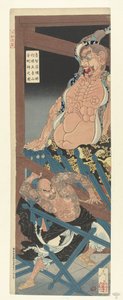 Opilý Lu Chi Shen zničí postavu chrámového strážce chrámu Godaizan od Tsukioka Yoshitoshi