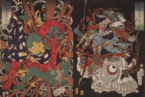 Warrior on Skull and Kintoki Overpowering a Demon, ze série Valor v Číně a Japonsku od Tsukioka Yoshitoshi