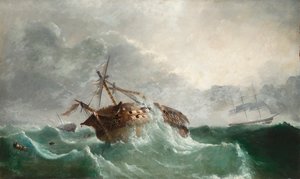 Ztráta francouzských Droits de L"Homme, 14.1.1798 u Ushant po pokusu o pozemní vojska v Bantry Bay, Irsko, kolem 1850-60 od Tudgay Family