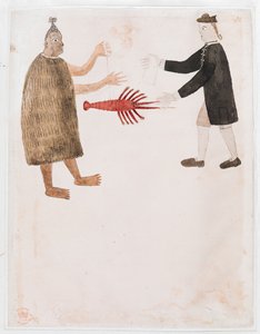 Přidat MS 15508 [Nákres č. 12] Maori vyměňující raka s anglickým námořním důstojníkem, „Výkresy znázorňující první plavbu kapitána Cooka“ od Tupaia Tupaia