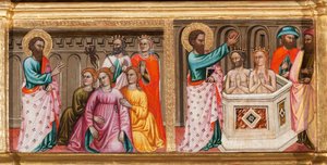 Predella se životem svatého Bartoloměje, vykonáváním exorcismu a křtu, detail Panny a dítěte obklopeného anděly a svatými (olej na panelu