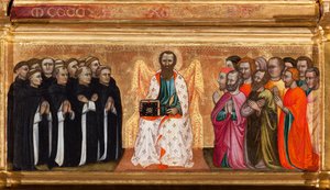 Predella se životem svatého Bartoloměje, od Panny a dítěte obklopeného anděly a svatými (olej na desce
