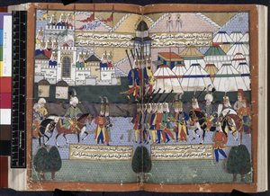 Přidat. 22011, ff.81v-82, osmanská armáda Lala Mustafa Pasha defilující před hradbami Tiflis z 