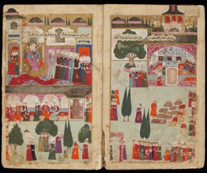 Le couronnement du sultan otoman Mehmet III (1566-1603) au palais Topkapi, en 1595 - Korunovace Mehmeda III. v paláci Topkapi v roce 1595 (z rukopisu tažení Mehmeda III. v Maďarsku) - turecký mistr - ca. 1600 - Akvarel a inkoust na papíře - The od Turkish School
