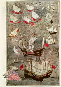 Osmanská flotila Tarik-y Bayezid (inkoust a zlatý list na pergamenu) od Turkish School