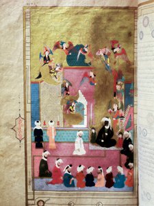 Prorok Mohamed (Mohammed nebo Muhammad) (570-632) (zakrytý obličej) během Mirac, jeho výstup na sedmou oblohu Miniatura z rukopisu „Zubdat al-Tawarikh“ (nebo Zubdat al Tawarikh) historika Seyyida Loqmana Ashuriho za rem Murada III (1 od Turkish School